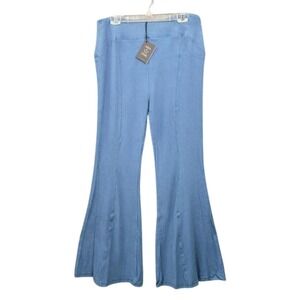 Area Stars Womens XL Blue Ribbed Knit Flare Bell Bottom High Rise Yoga Pants NWT